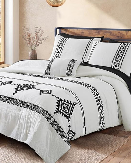 MaiRêve Embroidery Comforter Set Queen Size - 7 Piece, White Boho Western Bedding All Season Bed in A Bag, Farmhouse Queen Comforter Set with Sheets, Pillowcases & Shams