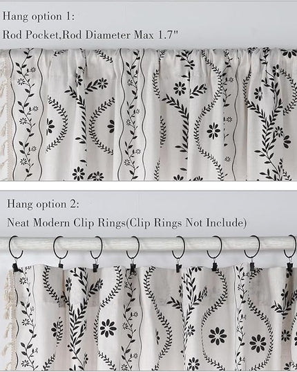 Boho Curtains 2 Panels Set, Farmhouse Linen Semi Sheer Floral Curtains for Living Room, 84 Inches Long Vintage Printed Patterned Curtain with Tassels Rustic Country Curtain Drapes