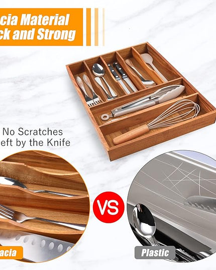 Bellsal Bamboo Silverware Organizer, 12"x15.7" Utensil Holder Cutlery Tray with Grooved Drawer Dividers for Kitchen Flatware, Bedroom, Office (7 Slot, Acacia)