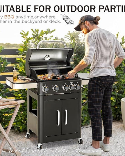 Sophia & William 4-Burner Gas BBQ Grill with Side Burner & Porcelain-Enameled Cast Iron Grates, Outdoor Cooking Propane Grills Cabinet Style Garden Barbecue Grill, 46,700BTU, Black