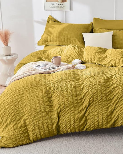 HYMOKEGE Mustard Yellow King Size Comforter Set Seersucker 7 Pieces, All Season Luxury Bed in a Bag for Bedroom, Bedding Set with Comforter, Sheets, Pillowcases & Shams