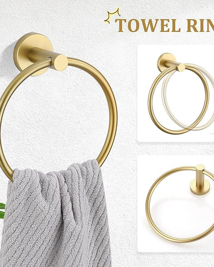 TURS Brushed Gold 5 Piece Bathroom Hardware Set, SUS304 Stainless Steel 24 Inch Bath Towel Bar Set, Round Bathroom Accessories Kit Wall Mounted