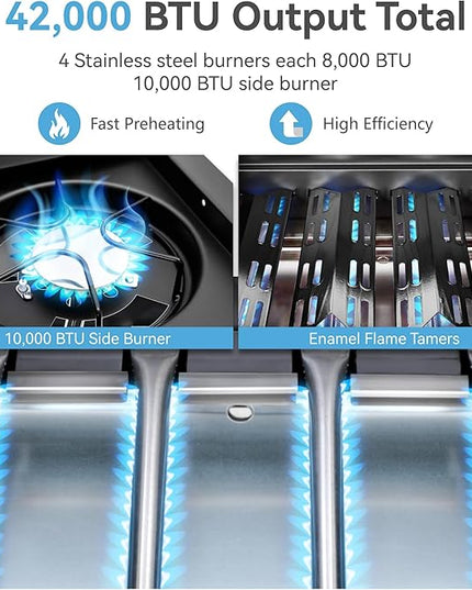 GREEN PARTY 4 Burner BBQ Propane Gas Grill with Side Burner & Porcelain-Enameled Cast Iron Grates, 545 SQIN Grilling Area 42,000 BTUs Barbecue Grill for Outdoor Cooking Garden Patio Backyard, Blue