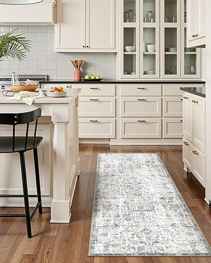 jinchan Kalen Runner Rug 2x5 Washable Hallway Rug Vintage Indoor Thin Retro Floor Cover Distressed Floral Country Lightweight Non Slip Carpet for Entryway Bathroom Kitchen Bedroom Living Room Blue