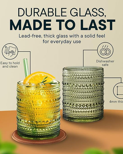 12 OZ Hobnail Drinking Set of 12 – Vintage Embossed Glassware, Textured Tumblers for Water, Beer, Cocktails, Mocktails, Whiskey & More – Includes Straws and Coasters – Green