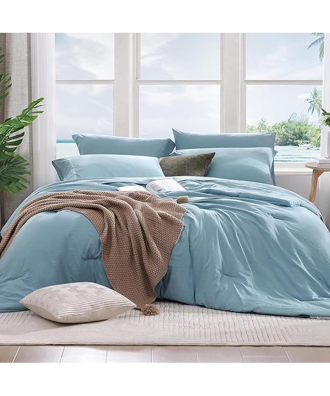 WRENSONG Full Size Comforter Sets- 7 Pieces Soft Blue Bed in a Bag with Fitted Sheet, Flat Sheet, 2 Pillow Shams, 2 Pillowcases, Warm Bedding Sets for All Season