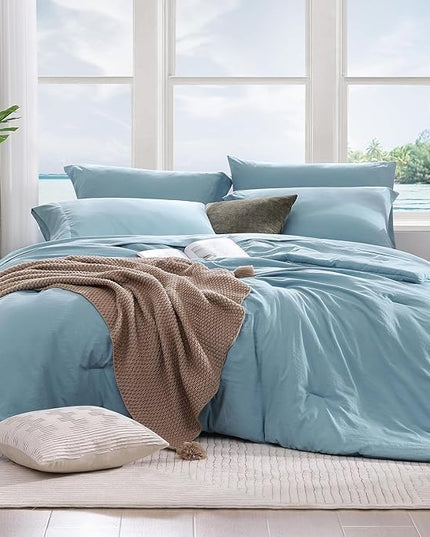 WRENSONGE King Size Comforter Set- 7 Pieces Soft Blue Bed in a Bag with Fitted Sheet, Flat Sheet, 2 Pillow Shams, and 2 Pillowcases- Warm King Bedding Set for All Season