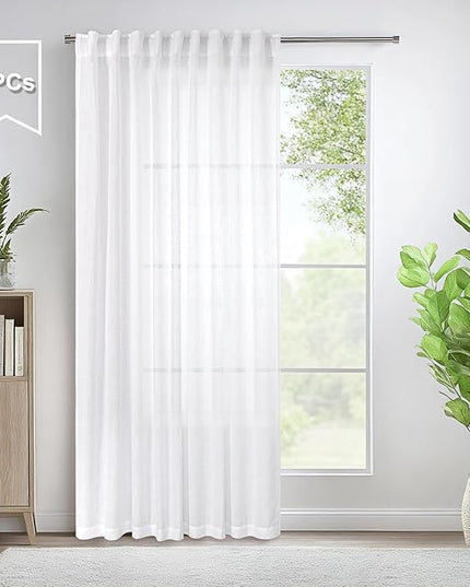 Pitalk 60 Inch Wide Curtains for Living Room 2 Panels Back Tab Pocket Drape Semi Sheer Linen Extra Large Curtains for Home Office Hotel Flat Family Sunroom Loft 5 FT Width by 9 FT Long 60 x 108 White