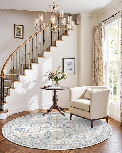 jinchan Round Rug 5ft Area Rug Indoor Vintage Floral Circle 5' Washable Ultra-Thin Low Pile Soft Small Non Slip Distressed Print for Living Room Dining Room Bedroom Entryway Blue