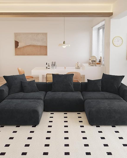 JACH 141" Oversized Modular Sectional Sofa, Deep 3-Seats Sectional Couch with Chaise Ottomans, Huge Plus Convertible Soft Sofas, Corduroy Minimalist Couches for Living Room, Apartment, Black