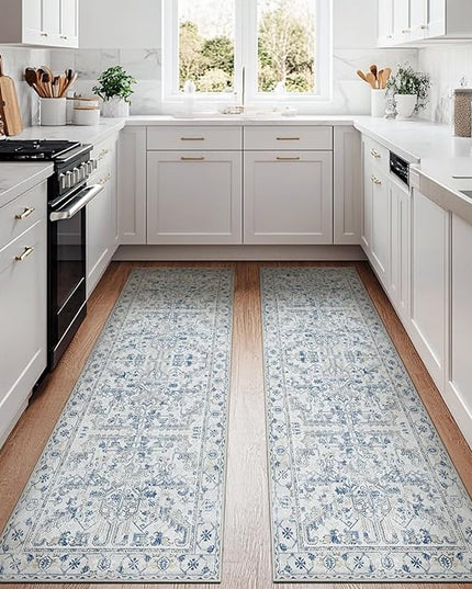 jinchan Lima Kitchen Runner Rug 2x10-2pcs, Bohemian Hallway Rug Washable Floral Non Slip with Rubber Backing Vintage Carpet Runner for Bedroom Bathroom Laundry Room Living Room Decor Blue