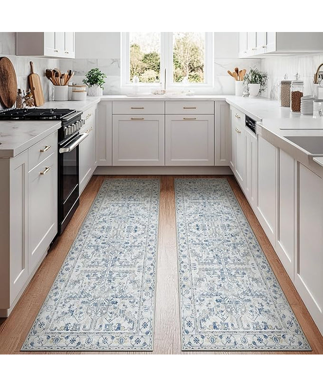 jinchan Lima Kitchen Runner Rug 3x10-2pcs, Bohemian Hallway Washable Rug Floral Non Slip with Rubber Backing Vintage Carpet Runner for Bedroom Bathroom Laundry Room Living Room Decor Blue