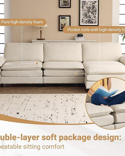 VINGLI 121" Deep Cloud Couch, Lazy Modular Sectional Sofa Set for Living Room,Modern Linen 3-Seat Convertible Loveseat Sofa with 1 Ottoman for Small Space（Beige）