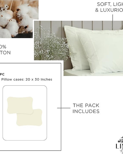 Linen Home 100% Cotton Percale Pillowcases Queen/Standard Size, Cream, 2 Pieces of Pillow Case, Crisp and Cool Strong Bed Linen, 20 inches X 30 inches
