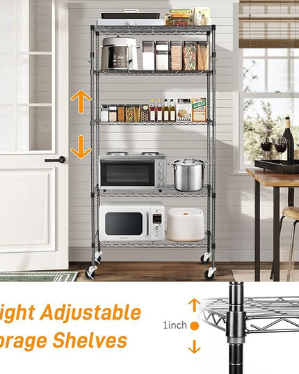 5 Tier Storage Shelves with Wheels, 1750lbs Capacity Heavy Duty Shelving Units, 14x36x75inch Adjustable Metal Shelf Wire Shelving Rack for Garage, Kitchen, Office, Black