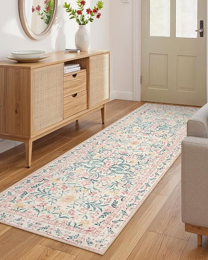 Wonnitar Floral Washable Runner Rug, 2'6"x8' Runners for Hallways Pink Rugs for Entryway Bedroom, Boho Non Slip Soft 8ft Long Carpet for Kitchen Bathroom Laundry