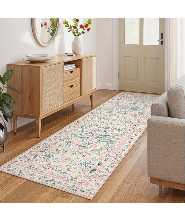 Wonnitar Floral Washable Runner Rug, 2'6"x8' Runners for Hallways Pink Rugs for Entryway Bedroom, Boho Non Slip Soft 8ft Long Carpet for Kitchen Bathroom Laundry