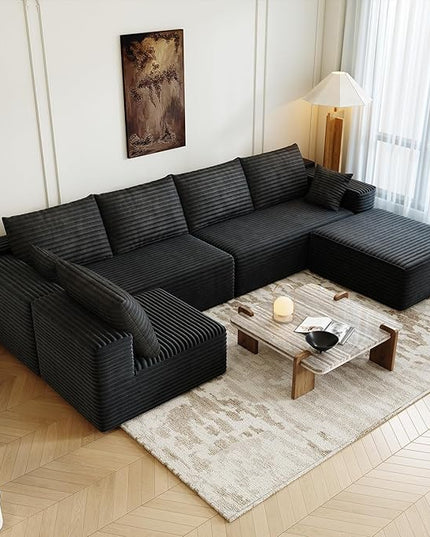 139.4" Modular Sectional Sofa, U-Shaped Minimalist Couches with Ottoman and Middle Seat, Modern Deep Seat Convertible Sleeper Sofa Bed, Reversible Chaise, Cloud Plush Corduroy Fabric,6 Seater, Black