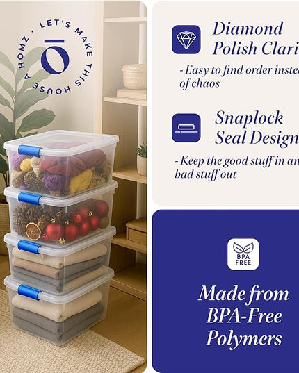 HOMZ 8-Pack Secure Latch, Clear Plastic Storage Organizer Bins, 31 Quart, Blue Latches - Stackable Container Boxes for Bedroom, Bathroom, Garage, and Office Organization