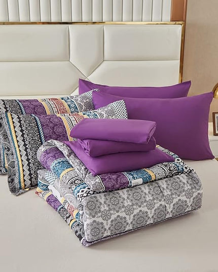 Cottolester Boho Comforter Set Full Size 8 Piece Bed in a Bag Bohemian Striped Bedding Quilt Set Purple Paisley Floral Comforter and Sheet Set,Soft Microfiber Complete Bedding Sets for All Season