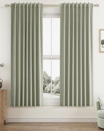 Sage Green Linen Blackout Curtains 63 Inch Length 2 Panels Set for Living Room Bedroom Back Tab Thermal Insulated 100% Black Out Linen Drapes Room Darkening Window Curtains 63 Inches Long