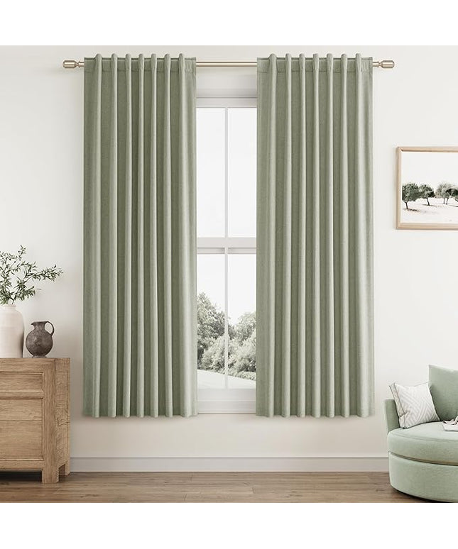 Sage Green Linen Blackout Curtains 63 Inch Length 2 Panels Set for Living Room Bedroom Back Tab Thermal Insulated 100% Black Out Linen Drapes Room Darkening Window Curtains 63 Inches Long
