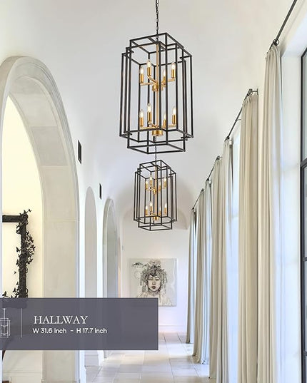 8-Light Lantern Tiered Pendant Light Fixtures, Black Metal Farmhouse Chandelier Hall Foyer Hanging Chandelier for Kitchen Island Dining Room Living Room Foyer Entryway, Black+Gold