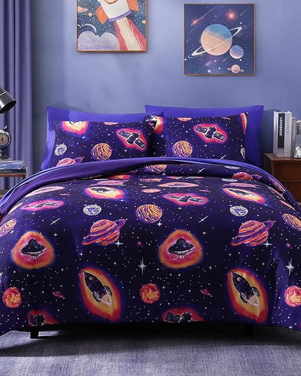 Twin Comforter Set for Boys-5 Pieces Space Rocket Twin Bedding Sets for Kids, Ultra Soft Bed in A Bag with Sheets