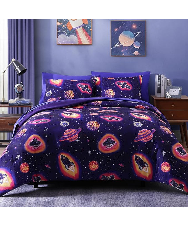 Twin Comforter Set for Boys-5 Pieces Space Rocket Twin Bedding Sets for Kids, Ultra Soft Bed in A Bag with Sheets