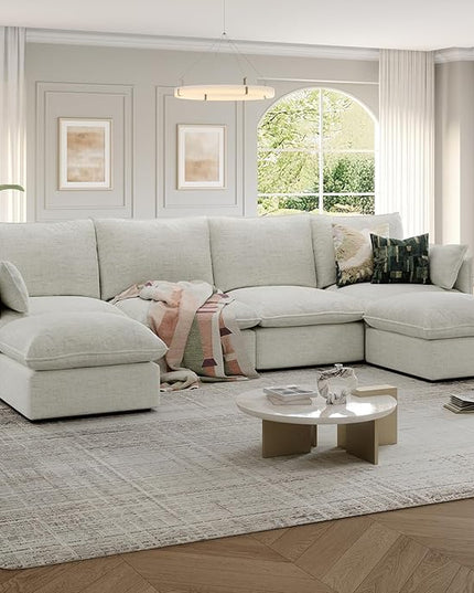 124" Cloud Modular Sectional Sofa, Waterproof Down Filled Sectional Couch, High Backrest U Shaped 4 Seater Couch with 2 Ottomans, Modern Modular Sofas with Removable Cover, Cream White
