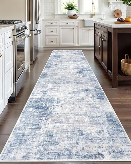 IOHOUZE Abstract Runner Rug 3x12 Ft Washable Runners for Hallways, Non Slip Kitchen Runner Printed Faux Wool Entryway Runner Indoor, Modern Abstract Floor Carpet for Hall Kitchen, Light Blue White
