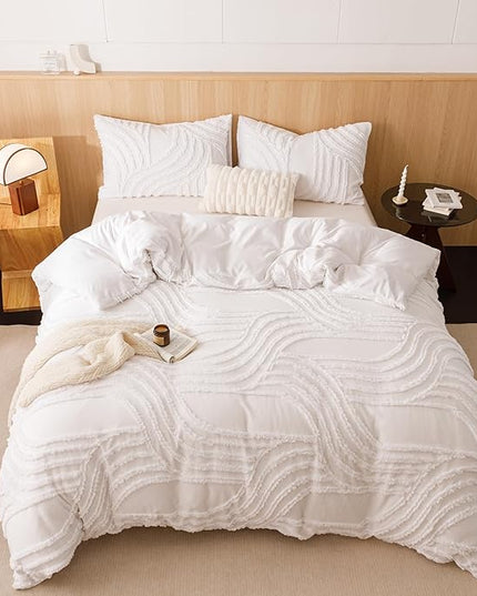Ivory Queen Comforter Set - 7 Pieces Bed in a Bag, Premium Comforters Queen Size Bed Set Tufted Shabby Chic Bedding Comforter Set with Flat Sheet, Fitted Sheet and Pillowcases,White