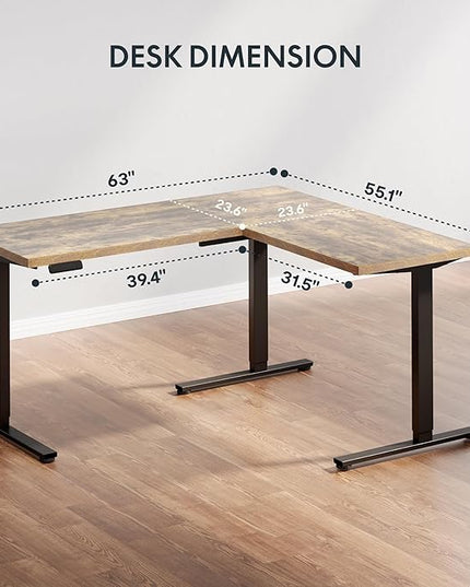 SANODESK L Shaped Electric Standing Desk with Drawer, 63 Inch Ergonomic Adjustable Height Desk with Storage, Corner Desk Sit Stand up Computer Table for Work Office Home, Rustic Brown