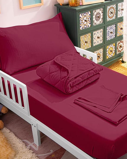 NTBAY Toddler Bedding Set - 4 Piece Soft and Breathable Crib Bedding Set for Boys and Girls, Includes Quilted Comforter, Fitted Sheet, Flat Top Sheet and Envelope Pillowcase, Wine Red
