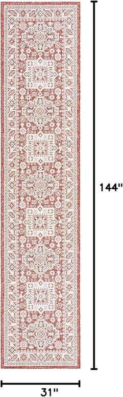 Rugs.com Outdoor Aztec Collection Rug – 12 Ft Runner Rust Red Flatweave Rug Perfect for Hallways, Entryways
