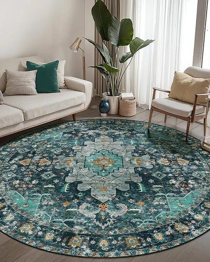 Ciicool Washable Area Rug Round 6’x6’ Teal Boho Bedroom Rug Non-Slip Oriental Carpet Throw Rug Low-Pile Indoor Floor Carpet for Dining Room Living Room Laundry Foyer Decor (Teal/Multi)