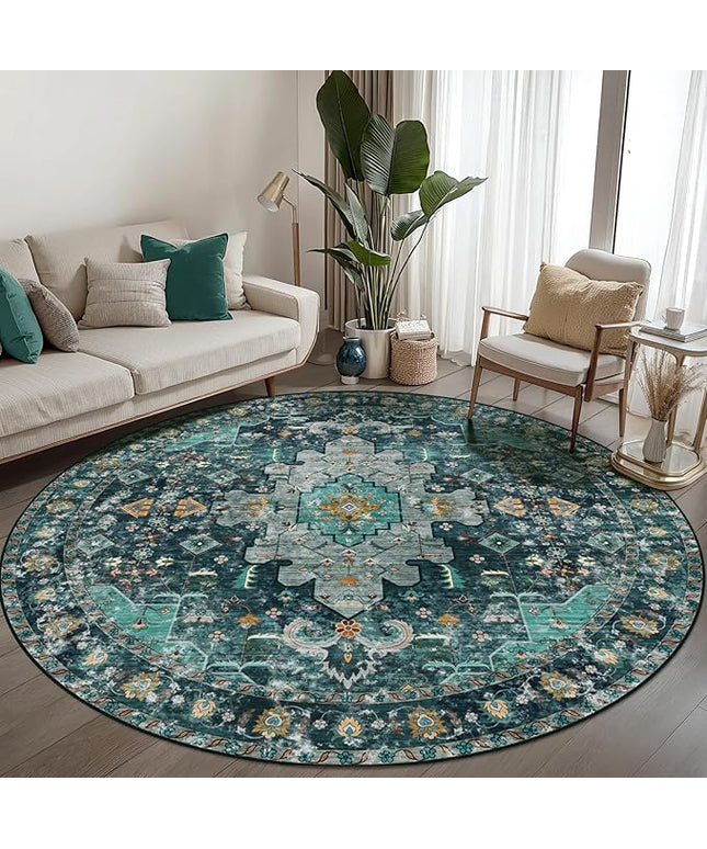 Ciicool Washable Area Rug Round 6’x6’ Teal Boho Bedroom Rug Non-Slip Oriental Carpet Throw Rug Low-Pile Indoor Floor Carpet for Dining Room Living Room Laundry Foyer Decor (Teal/Multi)