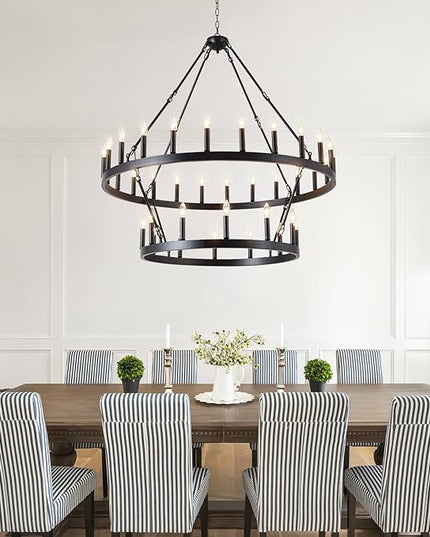 Black Wagon Wheel Chandelier 2 Tier 36-Light, 48-Inch Large Farmhouse Industrial Chandelier Round Rustic Pendant Light Fixture for High Ceilings Foyer, Entryway, Dining Room, E12