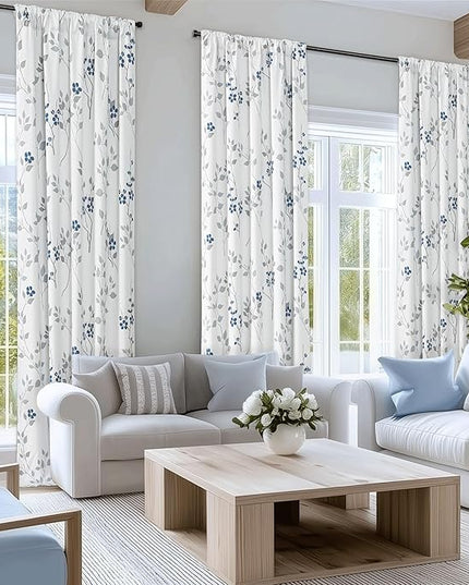 Beauoop Floral 100% Blackout Curtains 96 Inches Long 2 Panels for Bedroom Living Room Blue Grey and White Flower Patterned Room Darkening Thermal Soundproof Rod Pocket Back Tab Window Drapes, 52X96
