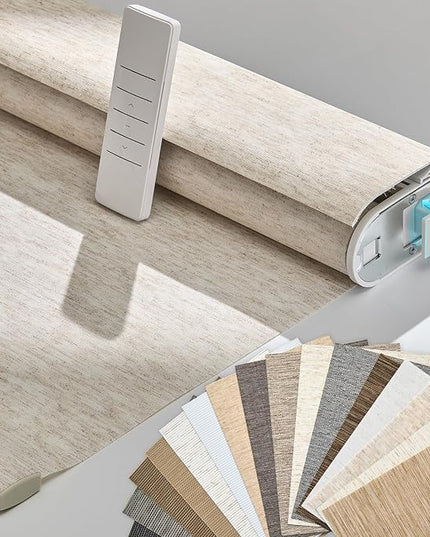 Persilux Smart Motorized Blinds with Remote, No Drill Automatic Roller Shades for Indoor Windows, Light Filtering Linen Fabric, Electric Blinds for Windows, Texture Beige 1702, Custom Size