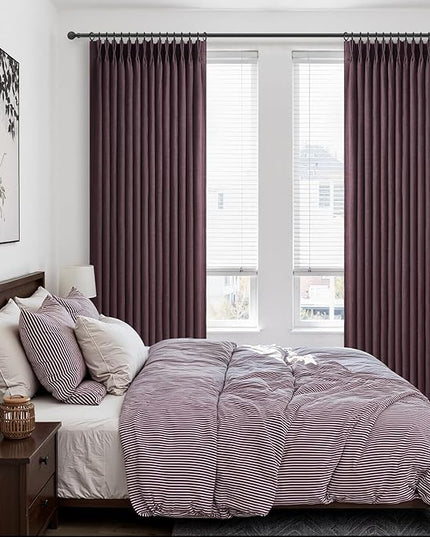 Pinch Pleated Purple Curtains 90 Inches Long 2 Panels Set for Nursery, Blackout Memory Trained Double Layer Thick Linen Blend Sound Dampening Drapes Energy Efficient Country Privacy Viral Windows Burg