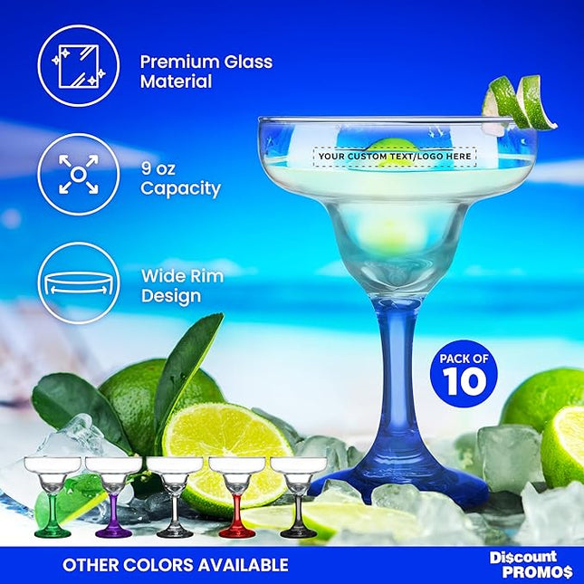 DISCOUNT PROMOS 10 Margarita Glasses Set, 9 oz. - Personalized Text, Logo - Classic, Smooth, Barware, Glassware - Blue