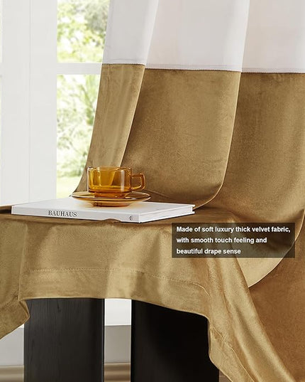 BULBUL Color Block Window Curtains Panels 108 inches Long Cream Ivory Gold Velvet Farmhouse Drapes for Bedroom Living Room Darkening Treatment with Grommet Set of 2