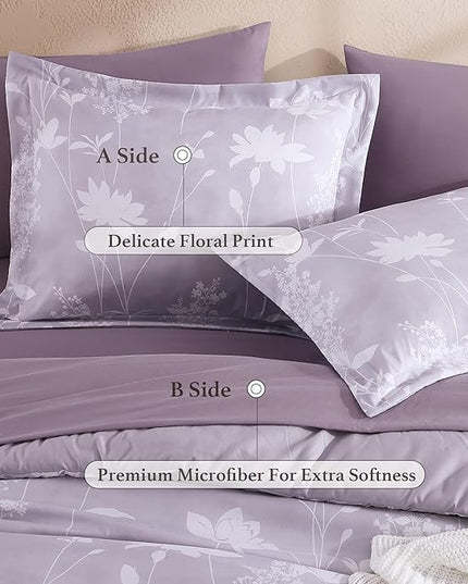 Queen Comforter Set -7 Pieces Floral Purple Comforter Set for All Seasons, Bed in a Bag Queen with Botanical Flowers Comforter, Sheets, Pillowcases & Shams