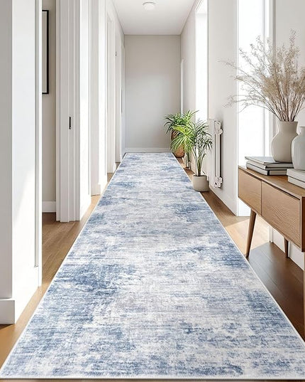 IOHOUZE Abstract Runner Rug 3x18 Ft Washable Runners for Hallways, Non Slip Kitchen Runner Printed Faux Wool Entryway Runner Indoor, Modern Abstract Floor Carpet for Hall Stair, Light Blue White