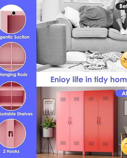 Aobabo Metal Wardrobe Cabinets with Lock, 2 Door Metal Closet wtih 4 Adjustable Shelves and 2 Hannging Rod, Lockable Locker Cabinet, Storage Locker for Home, Office,Pink, Assembly Required