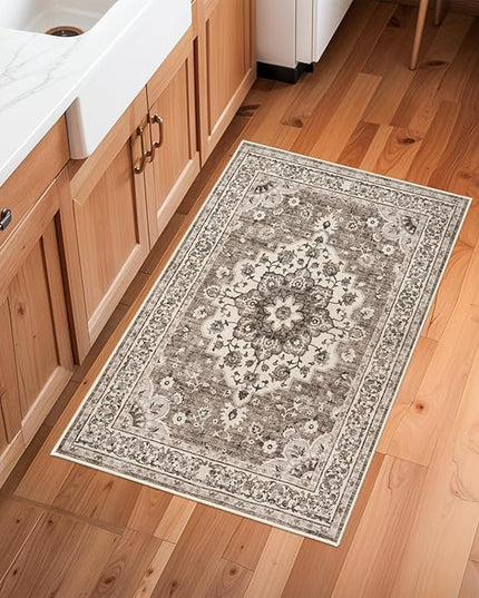 Washable Oriental Area Rug - 2x3 Rugs for Living Room Soft Carpet for Bedroom Waterproof Floral Distressed Indoor Stain Resistant Non-Shedding Floor Carpets (Beige, 2x3)