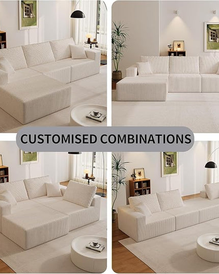 139" Boneless Cloud Sectional Couch for Living Room, Compressed Modular L-Shaped Sofa with Deep Seat, Frameless Corduroy Couch in Boxes, No Assembly Required 4-Seater (Right-Facing Chaise, Beige)