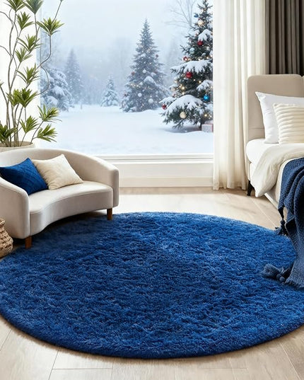 Ophanie Round Rug 4Ft Blue Circle Area Rug, Boys Room Decor, Fluffy Fuzzy Bedroom Carpet, Plush Soft Shaggy Living Room Rugs for Kids Home Decor Aesthetic, Nursery