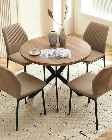 37" Round Dining Table Set for 4, Mid Century Modern Small Coffee Set for Dining Room Kitchen Apartment (Walnut Table + 4 PU Leather Beige Chairs)